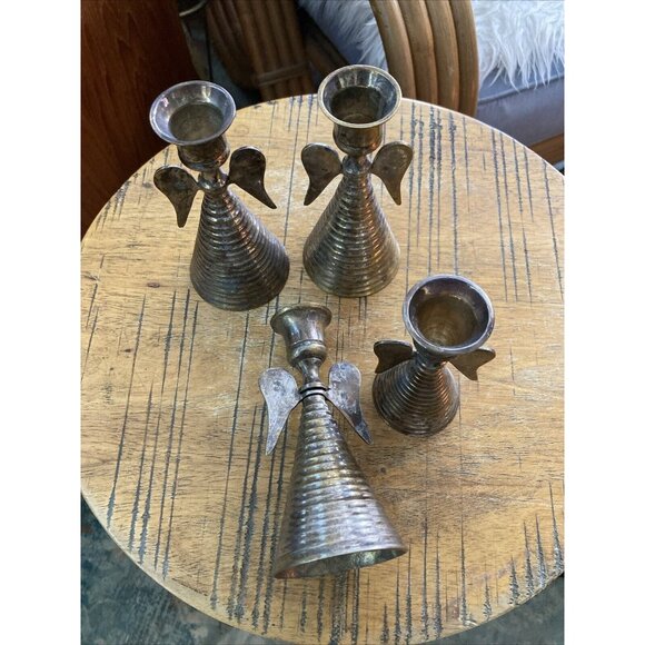VTG Brass Angels Made India Abstract Angel Candle Stick Candle Holder Set Of 4 - Picture 1 of 7